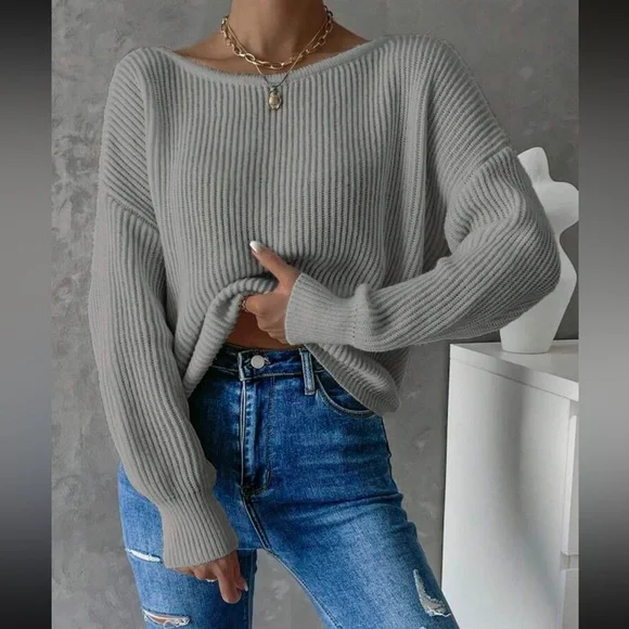 Cozy twist back ribbed knit sweater top
